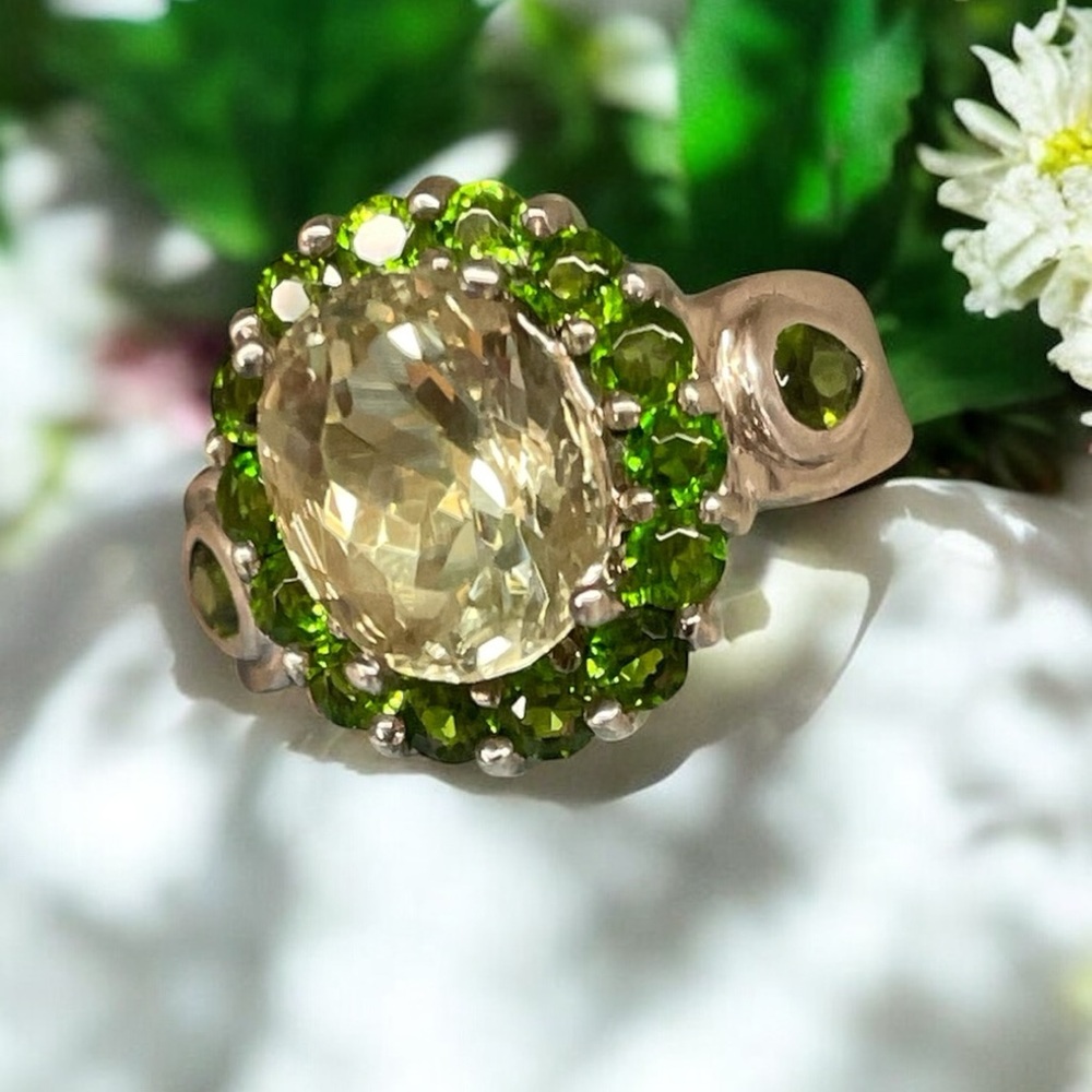 Elegant Prasiolite and Tsavorite Garnet Ring set in Sterling Silver    size 5.25